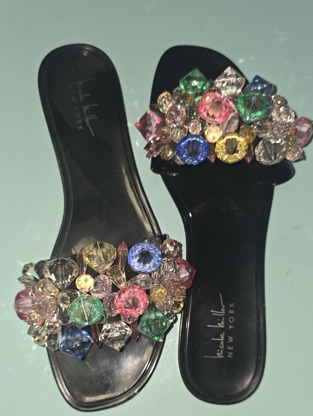 Nicole Miller Black Slide Sandals with Multicolor Gem Embellishments